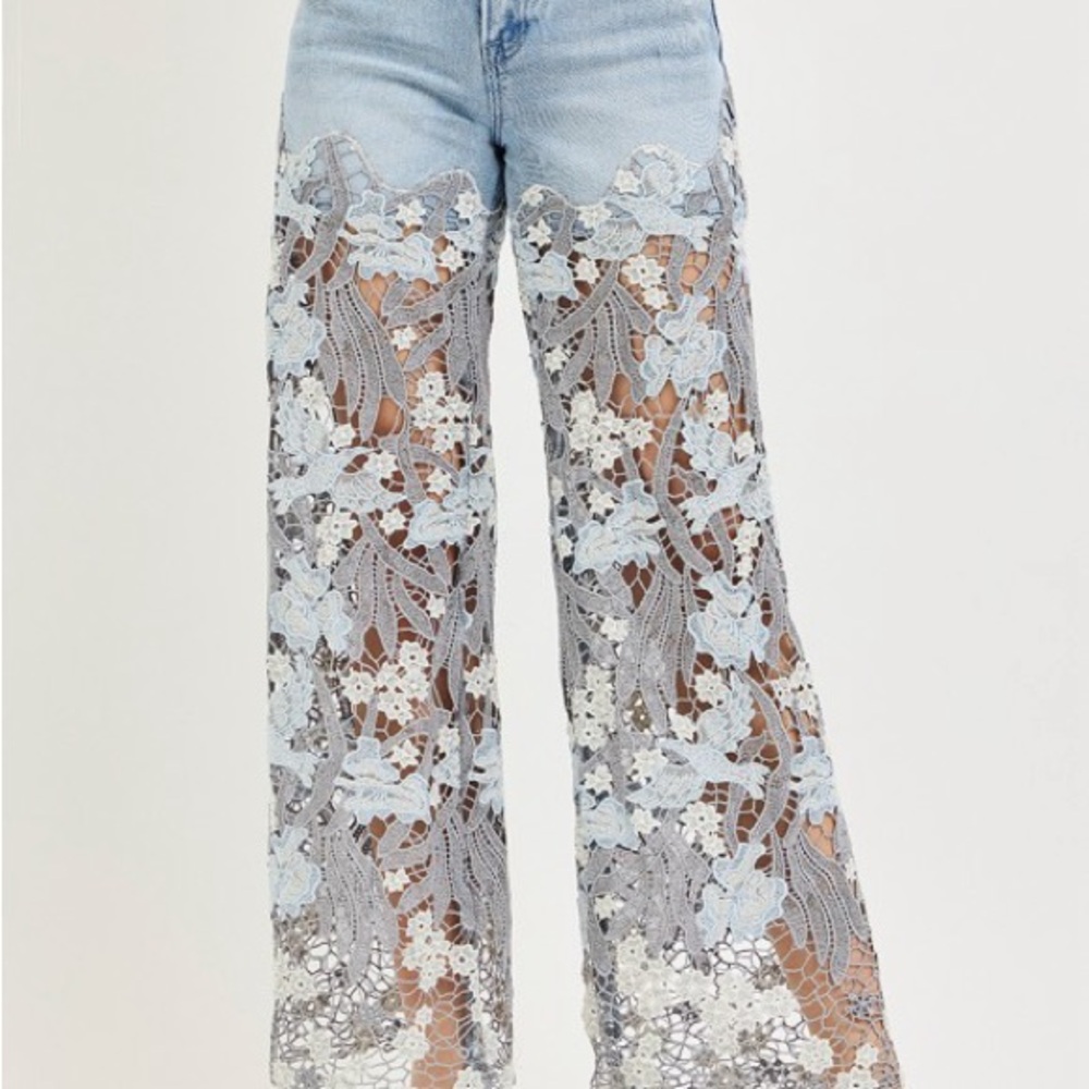 Floral denim lace crochet embellished high rise flare pants boho wide leg jeans - Picture 6 of 6